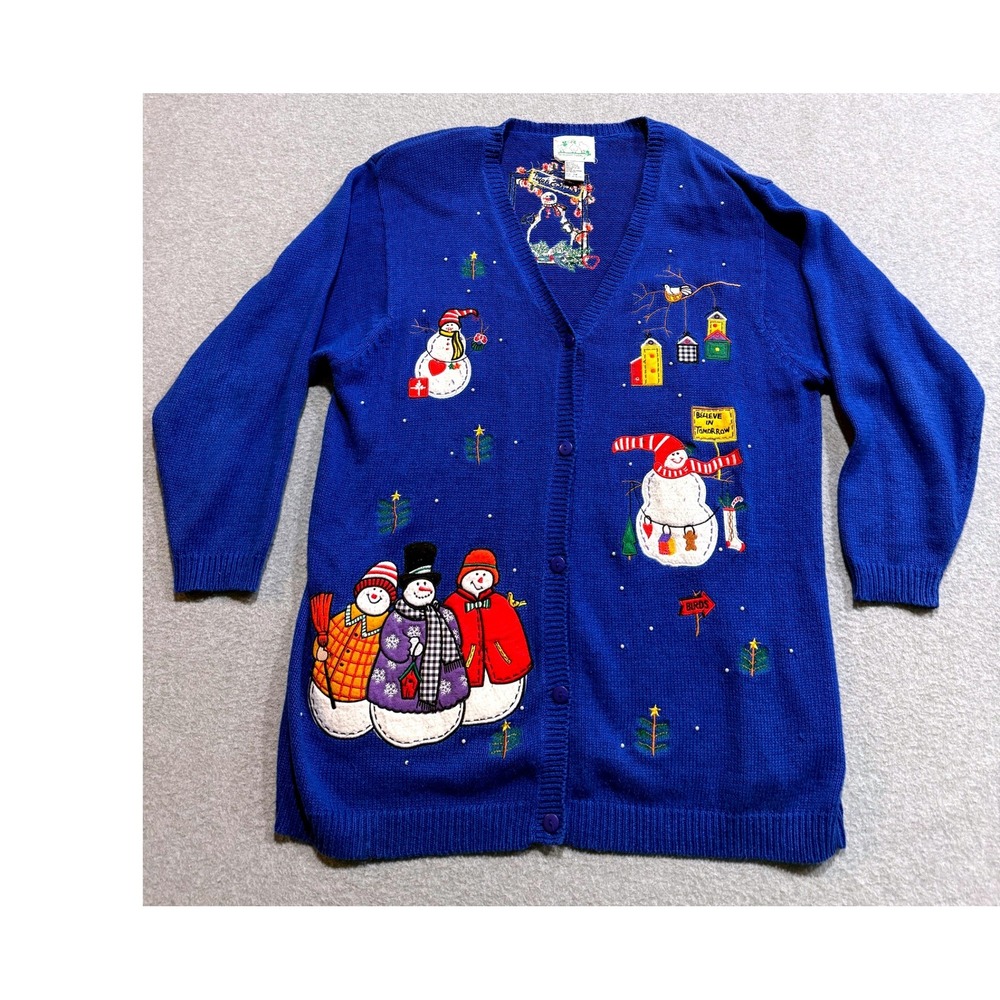 Quacker Factory Snowman Embroidered Cardigan Blue Christmas Sweater Womens 1X
